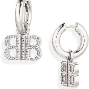 Balenciaga BB Logo Rhinestone Hoop Earrings in Silver/Crystal